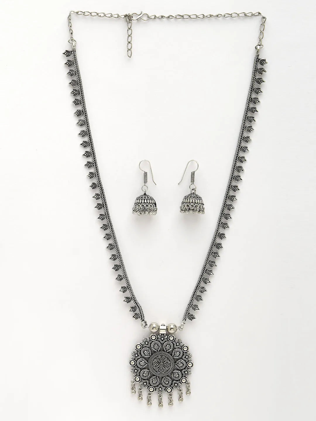 Silver-Toned Floral Shape Oxidized Necklace with Jhumka Earrings