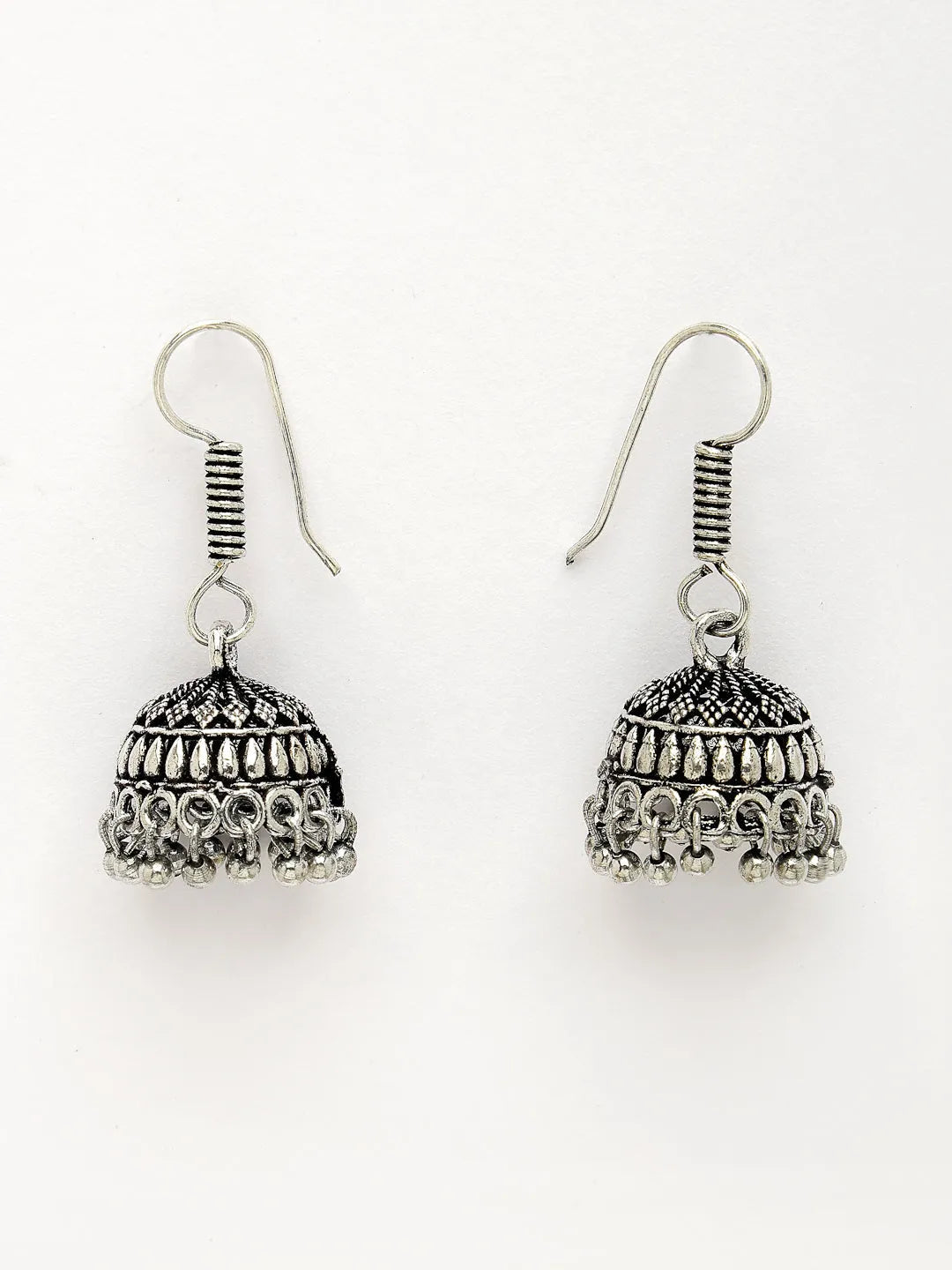 Silver-Toned Floral Shape Oxidized Necklace with Jhumka Earrings