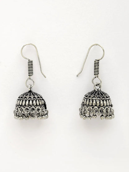 Silver-Toned Floral Shape Oxidized Necklace with Jhumka Earrings