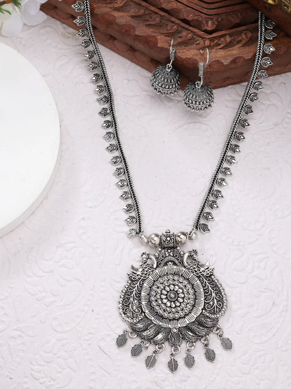 Silver-Toned Peacock Design Oxidized Necklace with Jhumka Earrings