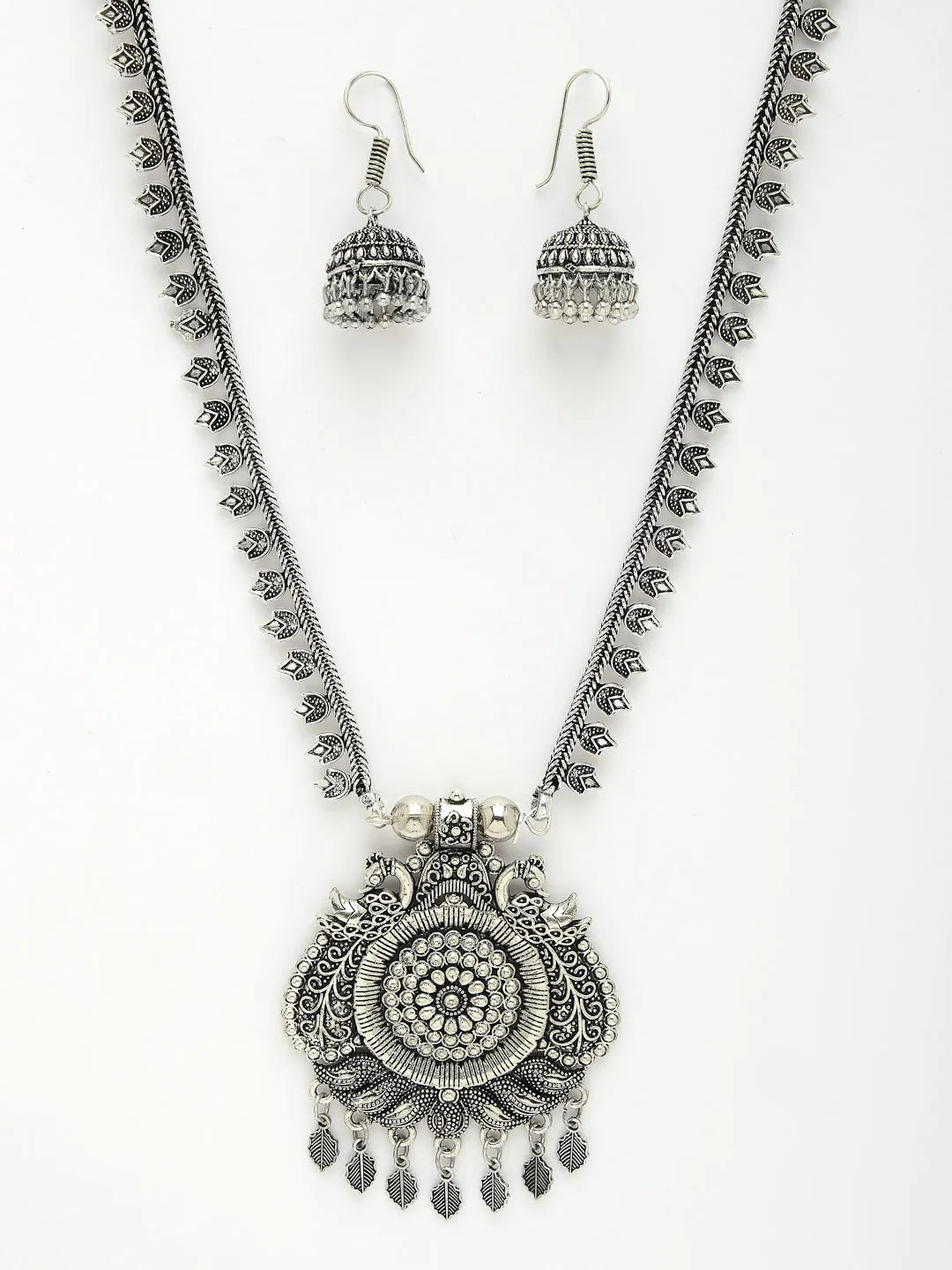 Silver-Toned Peacock Design Oxidized Necklace with Jhumka Earrings