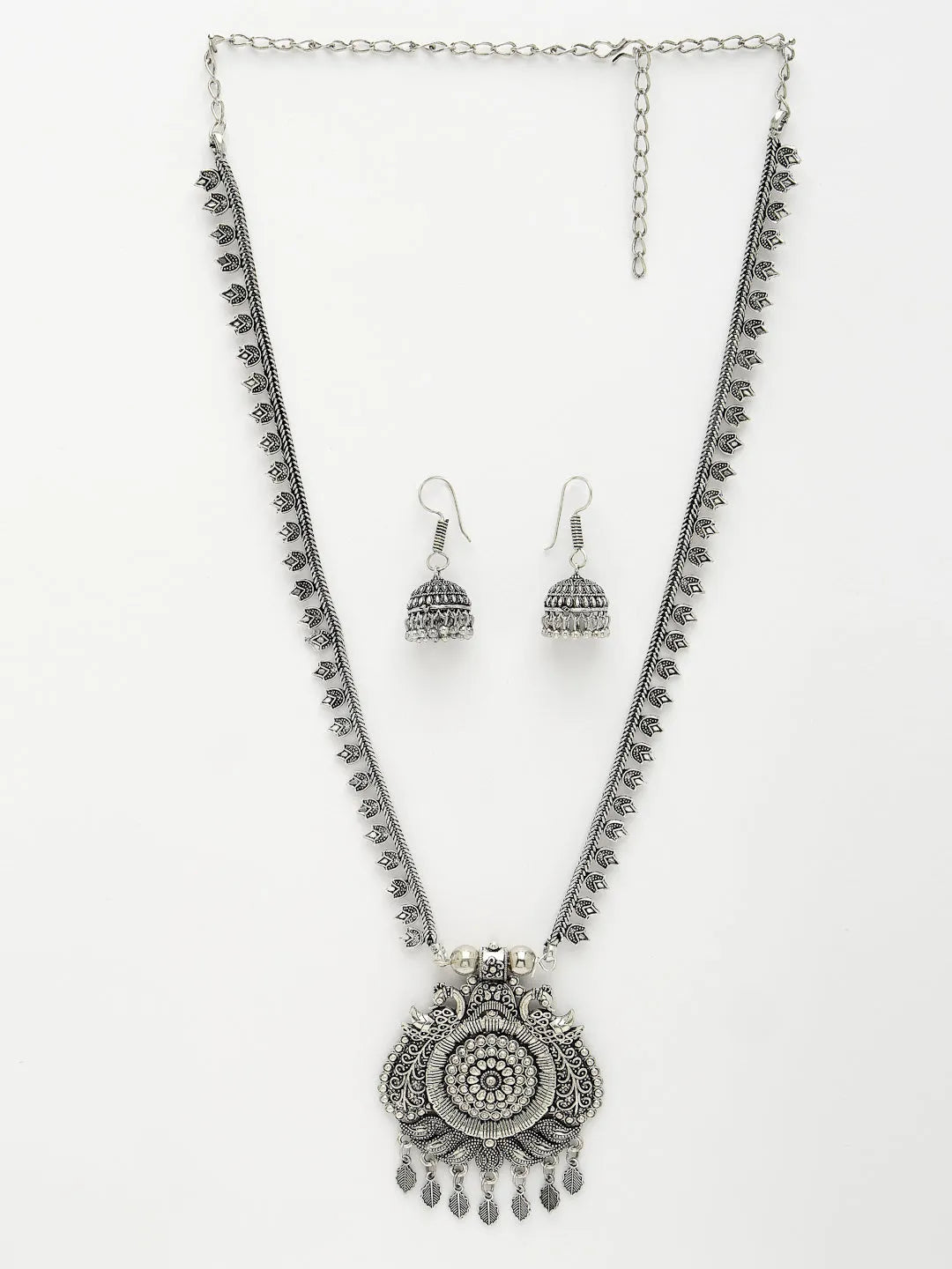 Silver-Toned Peacock Design Oxidized Necklace with Jhumka Earrings