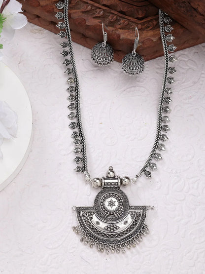 Silver-Toned German Silver Oxidised Necklace with Jhumka Earrings