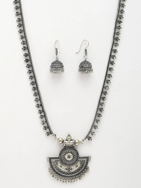 Silver-Toned German Silver Oxidised Necklace with Jhumka Earrings