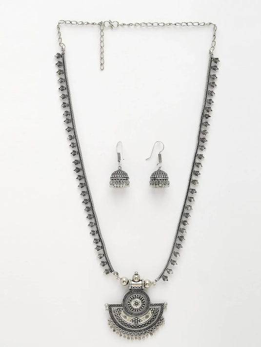 Silver-Toned German Silver Oxidised Necklace with Jhumka Earrings