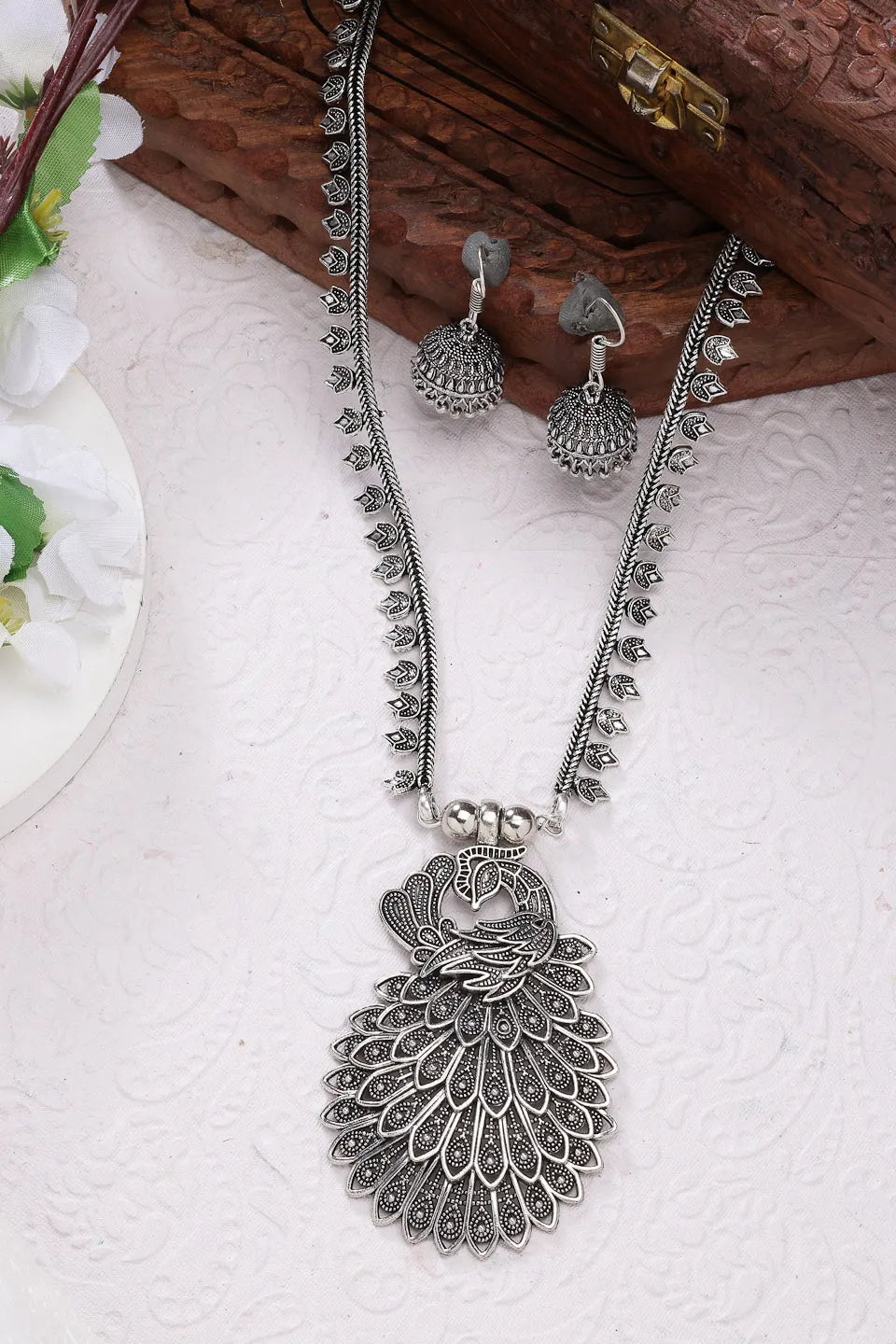 Silver-Toned Peacock Design Oxidized Necklace with Jhumka Earrings