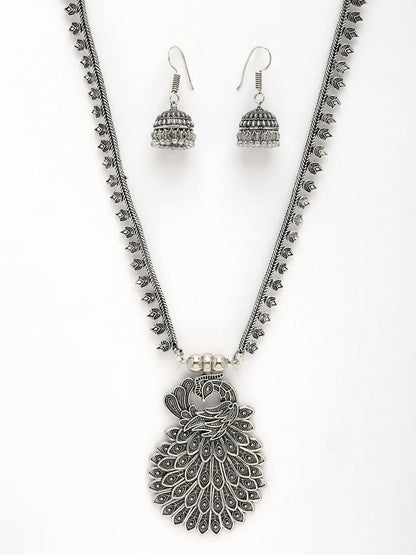 Silver-Toned Peacock Design Oxidized Necklace with Jhumka Earrings