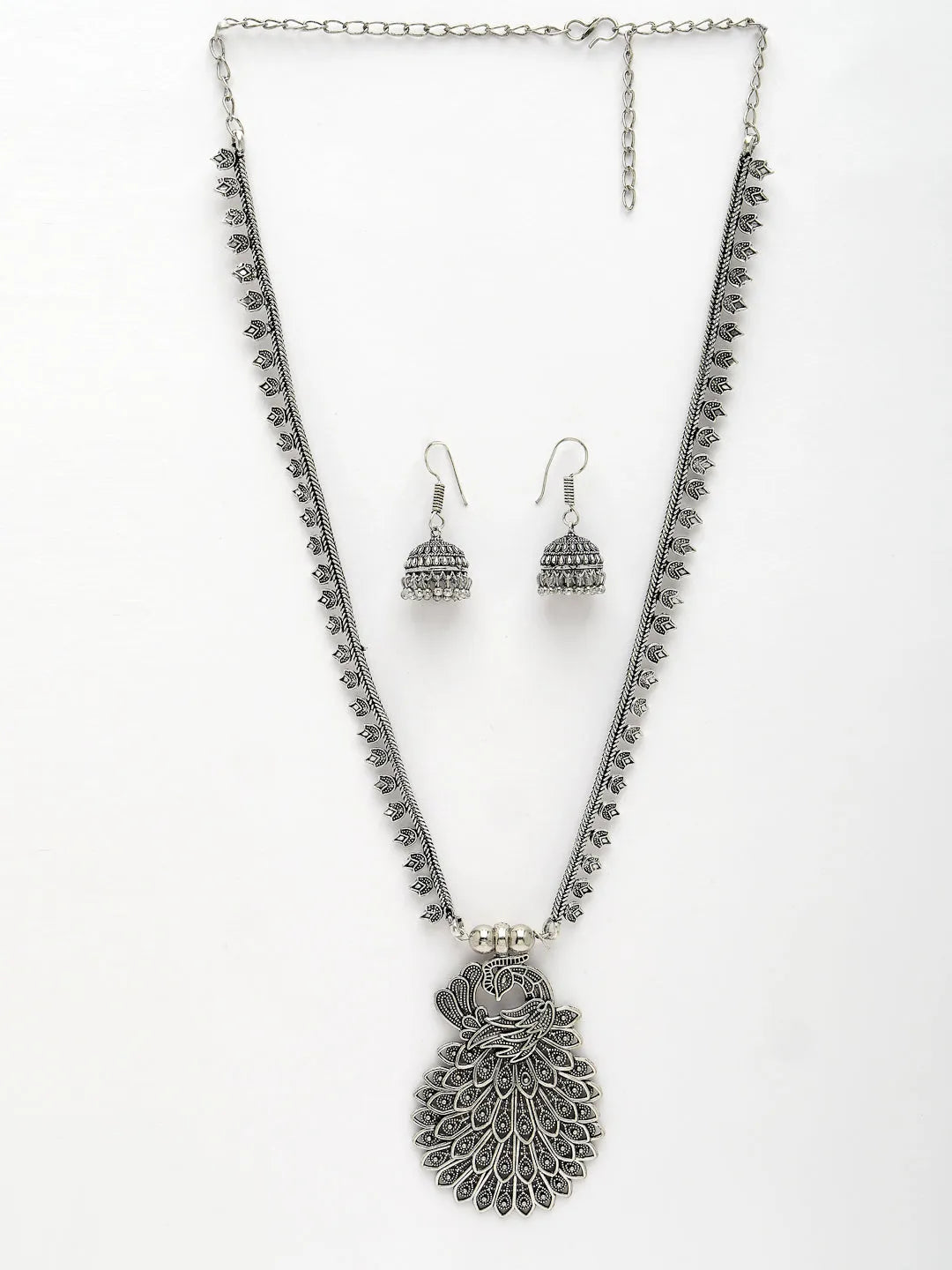 Silver-Toned Peacock Design Oxidized Necklace with Jhumka Earrings