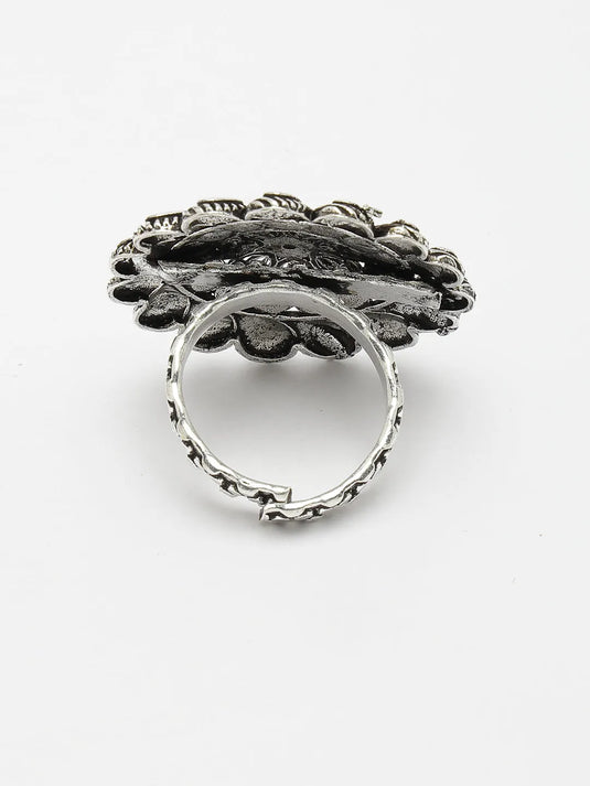 Silver-Toned Floral Shape Adjustable Finger Ring