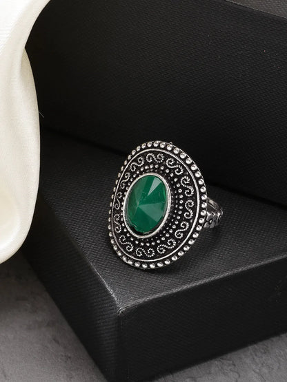 Green Silver-Toned German Silver Adjustable Finger Ring