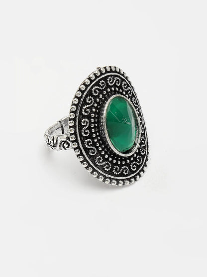 Green Silver-Toned German Silver Adjustable Finger Ring