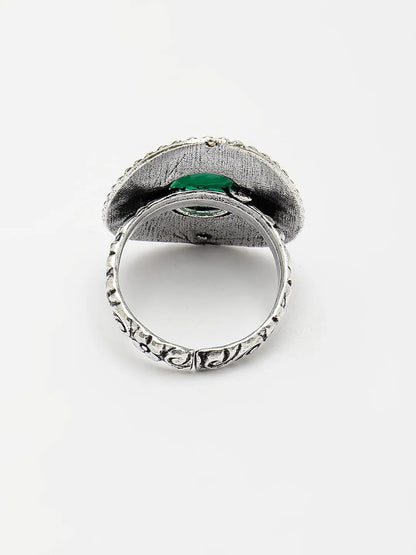 Green Silver-Toned German Silver Adjustable Finger Ring