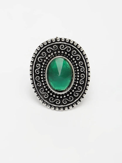 Green Silver-Toned German Silver Adjustable Finger Ring