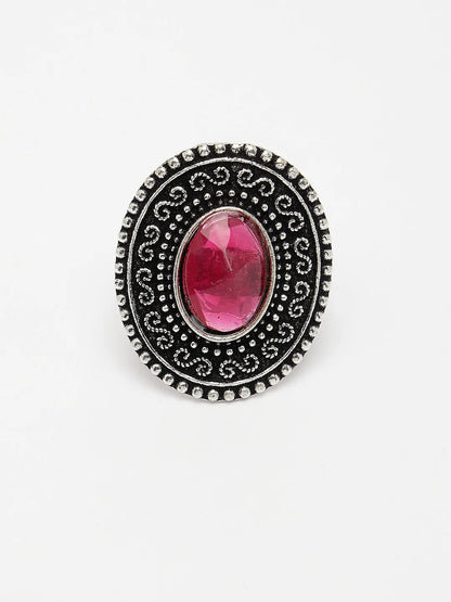 Pink Silver-Toned German Silver Adjustable Finger Ring