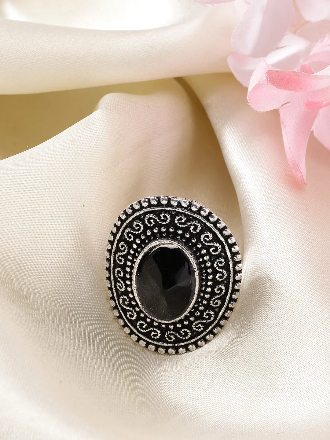 Black Silver-Toned German Silver Adjustable Finger Ring