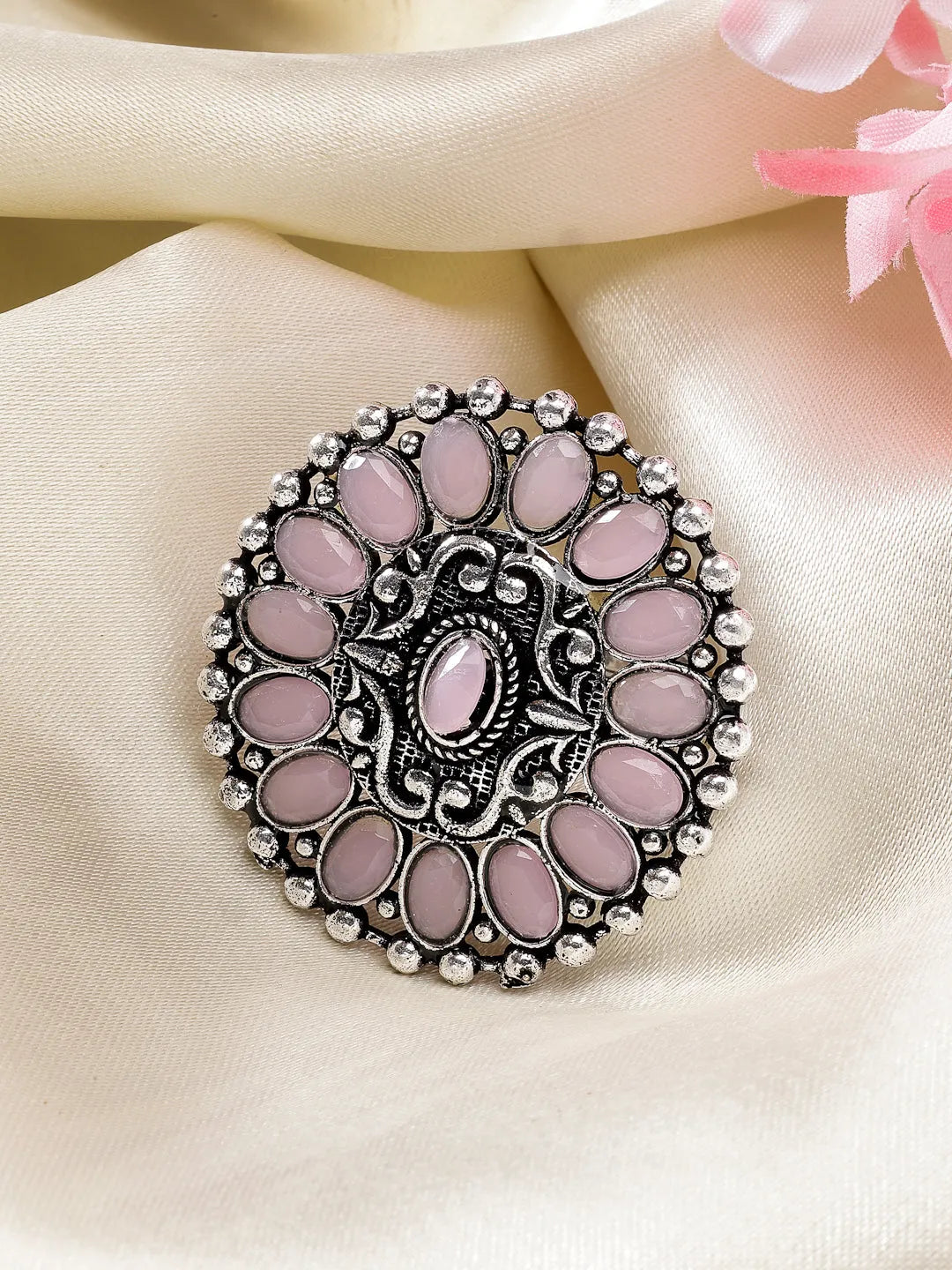 Pink Silver-Plated Circular Shape Adjustable Finger Ring