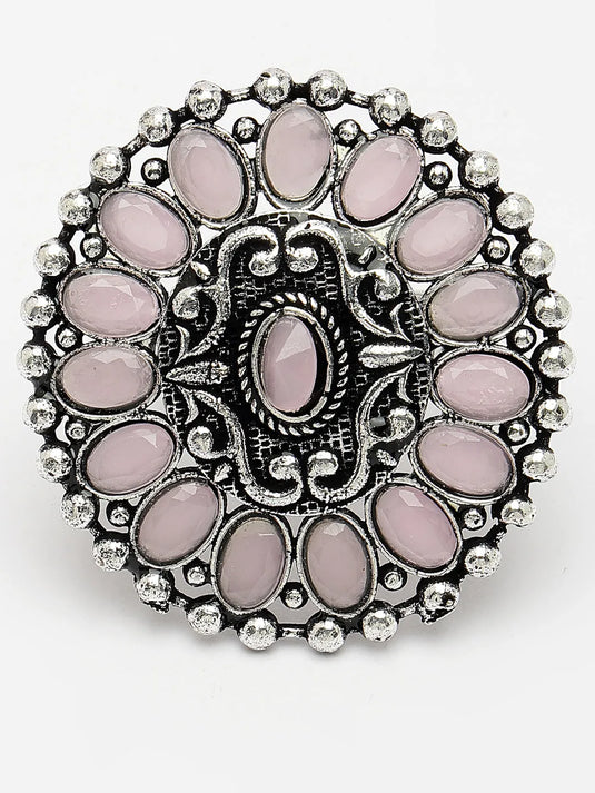 Pink Silver-Plated Circular Shape Adjustable Finger Ring