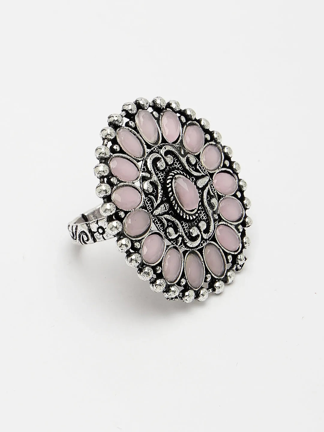 Pink Silver-Plated Circular Shape Adjustable Finger Ring