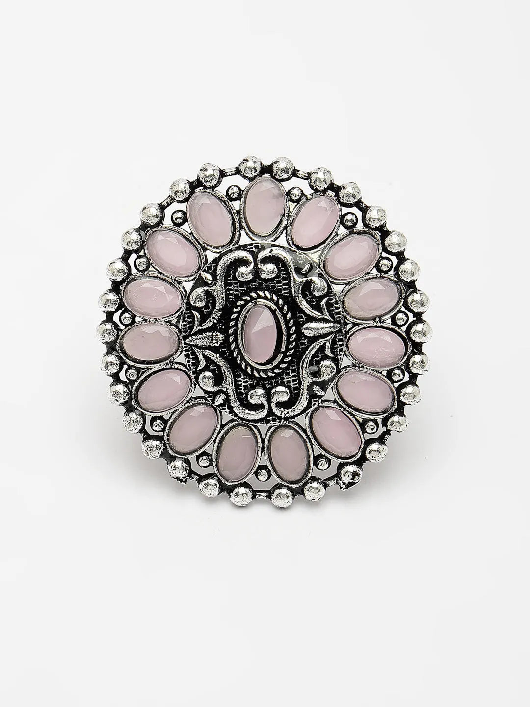 Pink Silver-Plated Circular Shape Adjustable Finger Ring