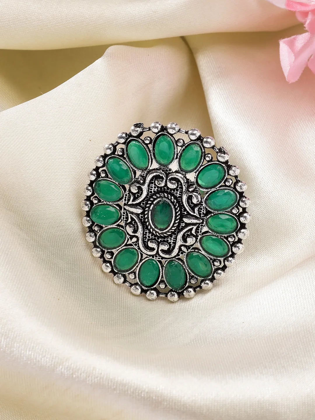 Green Silver-Plated Circular Shape Adjustable Finger Ring