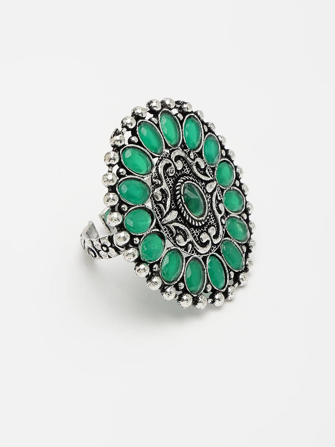 Green Silver-Plated Circular Shape Adjustable Finger Ring