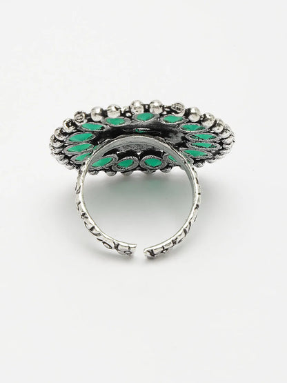 Green Silver-Plated Circular Shape Adjustable Finger Ring