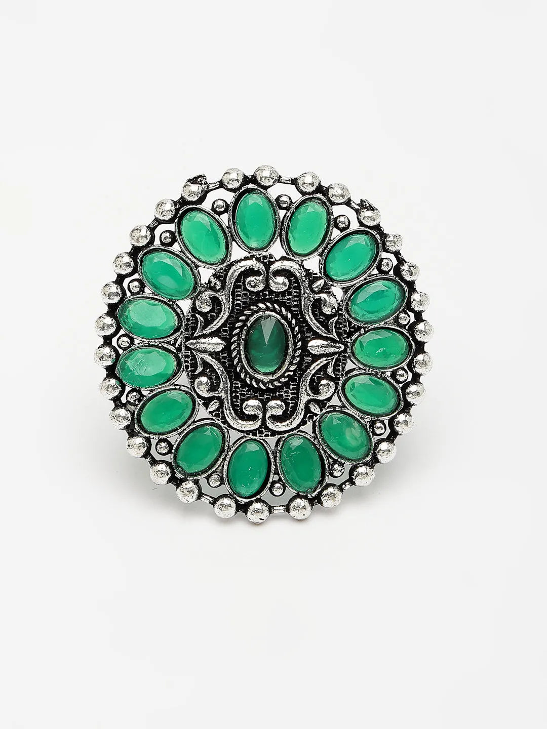 Green Silver-Plated Circular Shape Adjustable Finger Ring