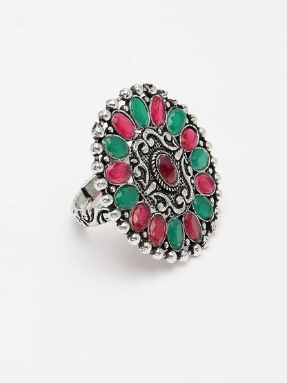 Multicolor Silver-Plated Circular Shape Adjustable Finger Ring