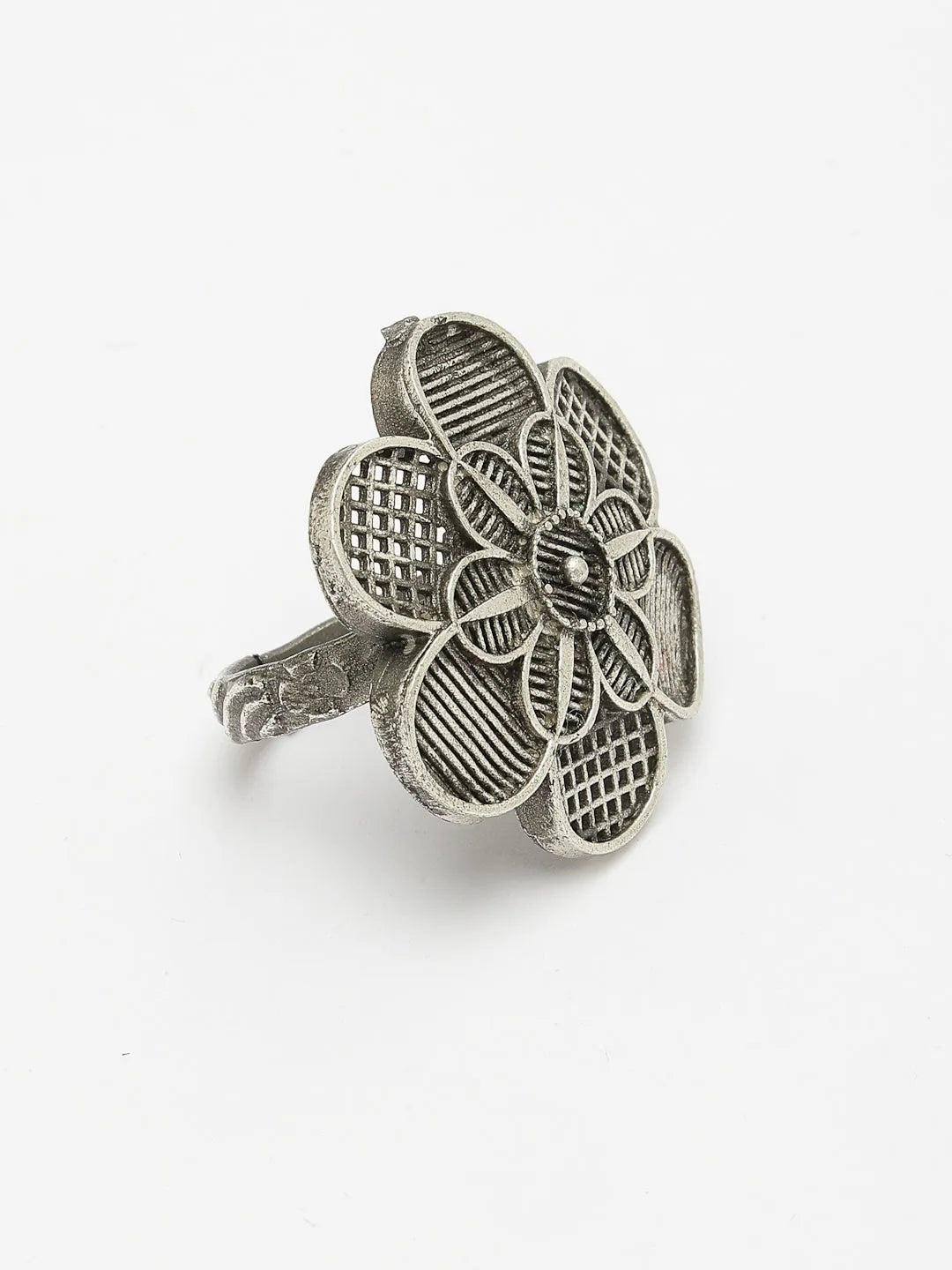 Silver-Toned Floral Shape Adjustable Finger Ring