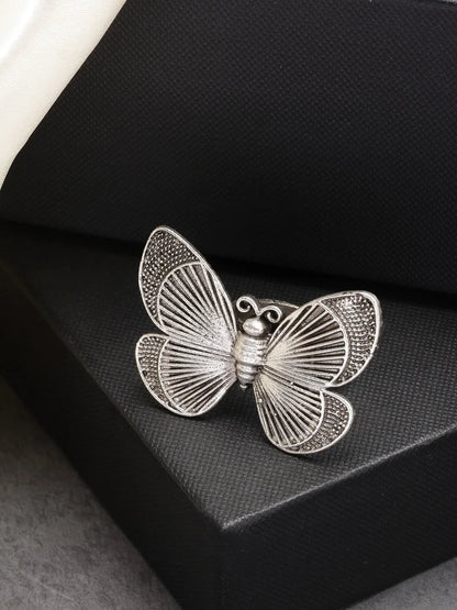 Silver-Toned Butterfly Shape Adjustable Finger Ring