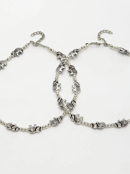 Set of 2 Silver-Plated Elephant Design Anklets