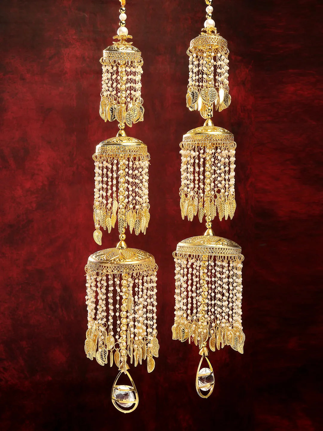 Pack Of 2 Gold Plated &amp; White Pearl Beaded Bridal Layered Heavy Kaleera Sets