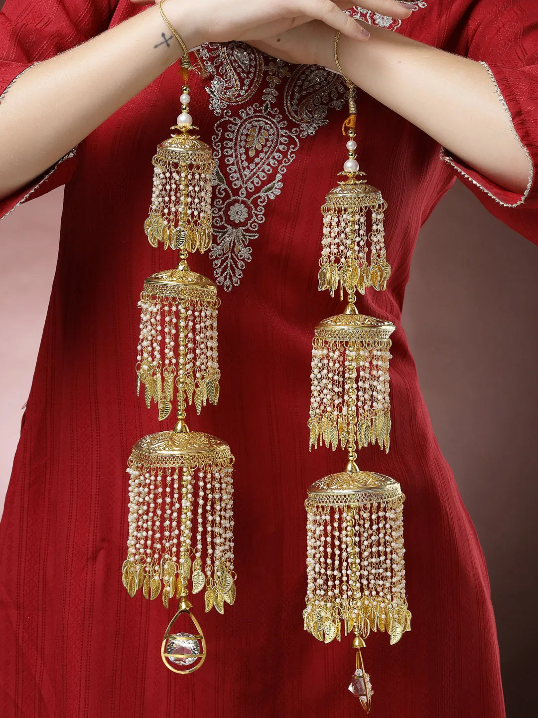 Pack Of 2 Gold Plated &amp; White Pearl Beaded Bridal Layered Heavy Kaleera Sets