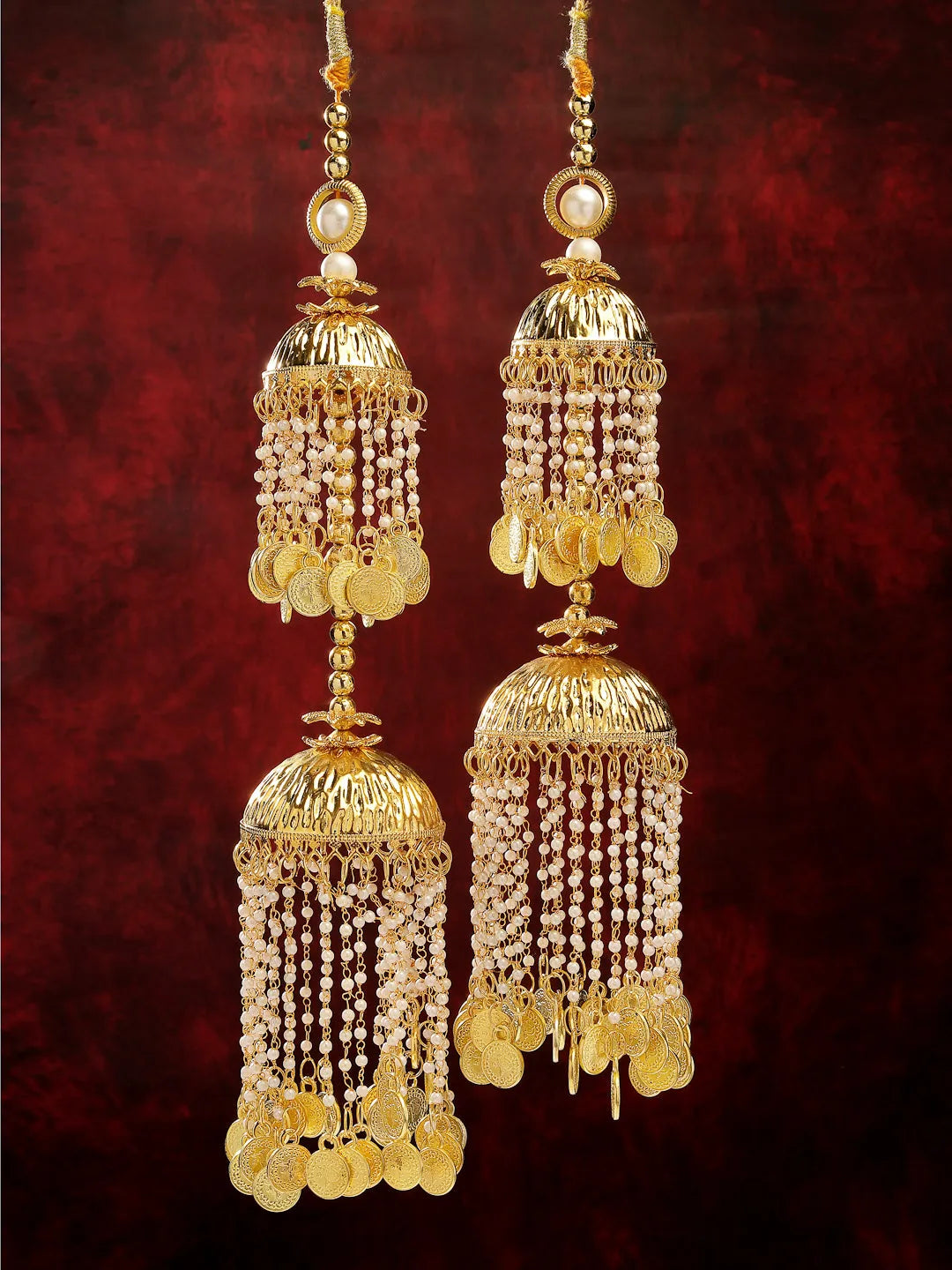 Pack Of 2 Gold Plated &amp; White Pearl Beaded Bridal Layered Heavy Kaleera Sets