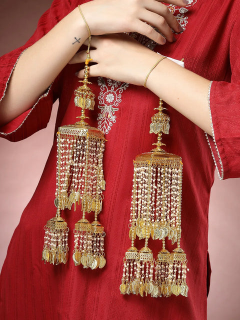 Pack Of 2 Gold Plated & White Pearl Beaded Bridal Heavy Kaleera Sets