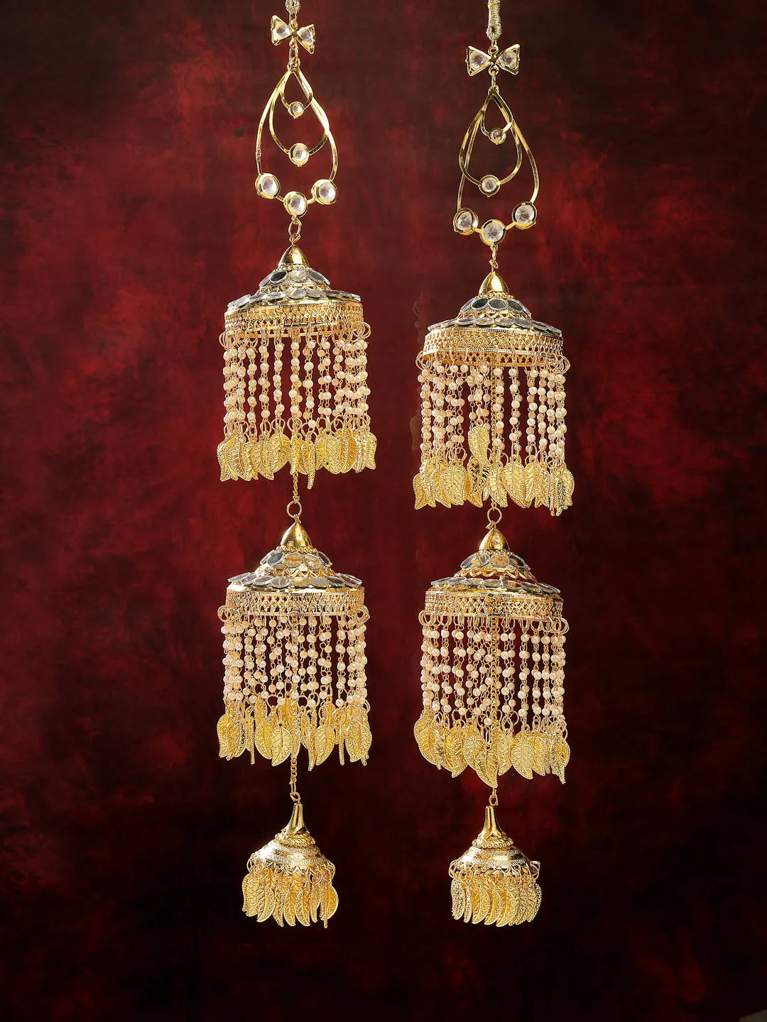 Pack Of 2 Gold- Plated &amp; White Pearl Mirror Work Bridal Layered Kaleera Sets