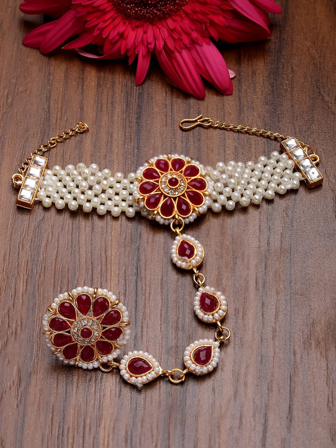 Red Gold-Plated Stone Studded Handcrafted Ring Bracelet