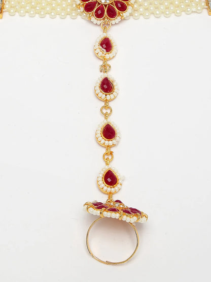 Red Gold-Plated Stone Studded Handcrafted Ring Bracelet