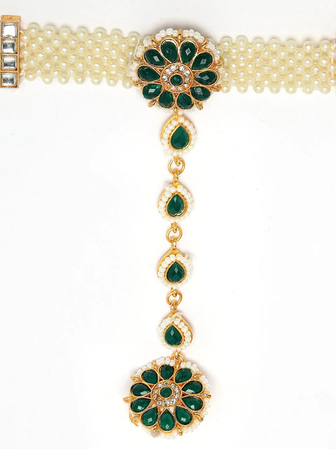 Green Gold-Plated Stone Studded Handcrafted Ring Bracelet