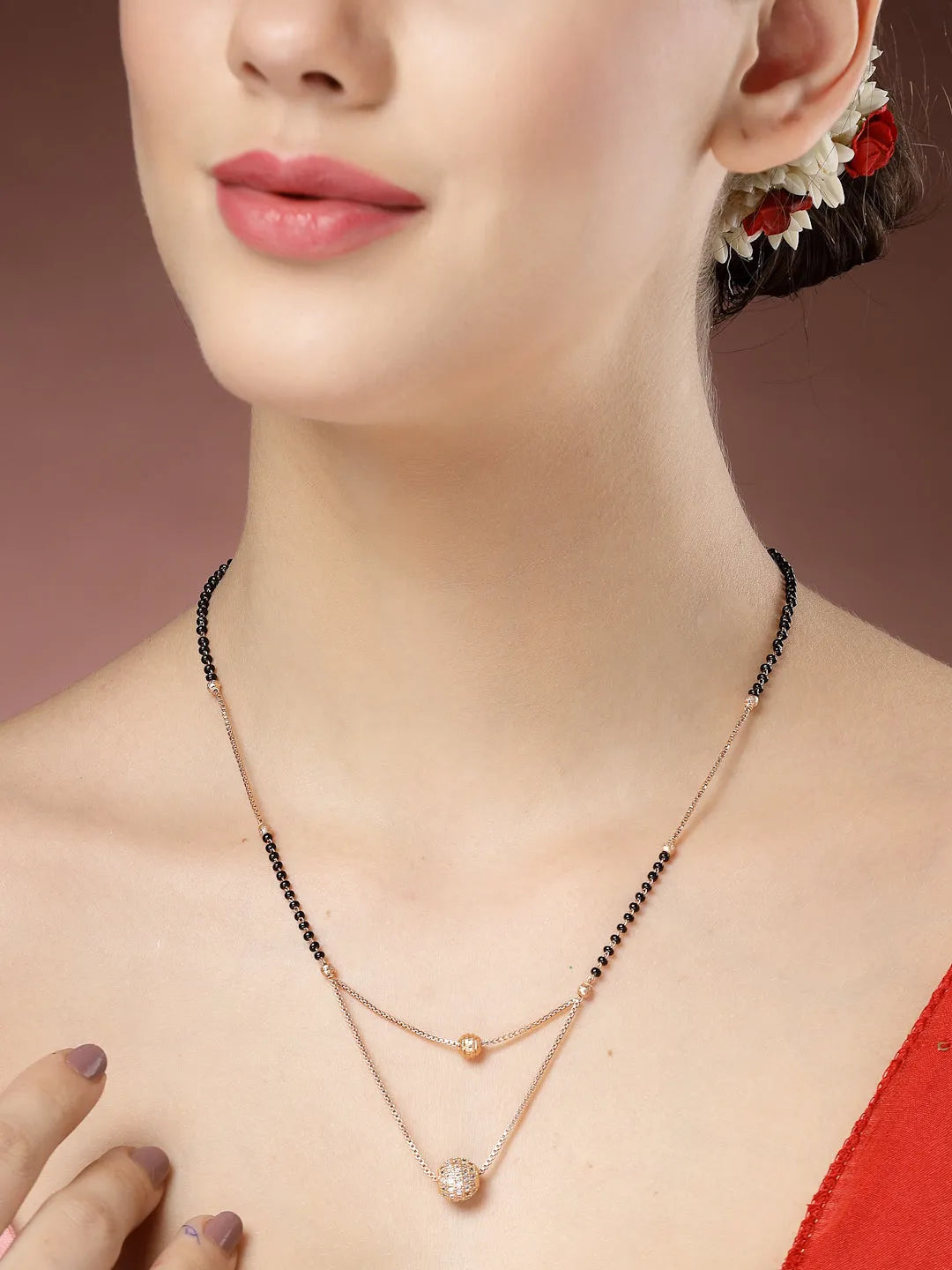 Rose Gold CZ Stone-Studded &amp; Beaded Layered Mangalsutra