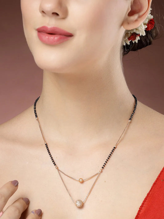 Rose Gold CZ Stone-Studded & Beaded Layered Mangalsutra