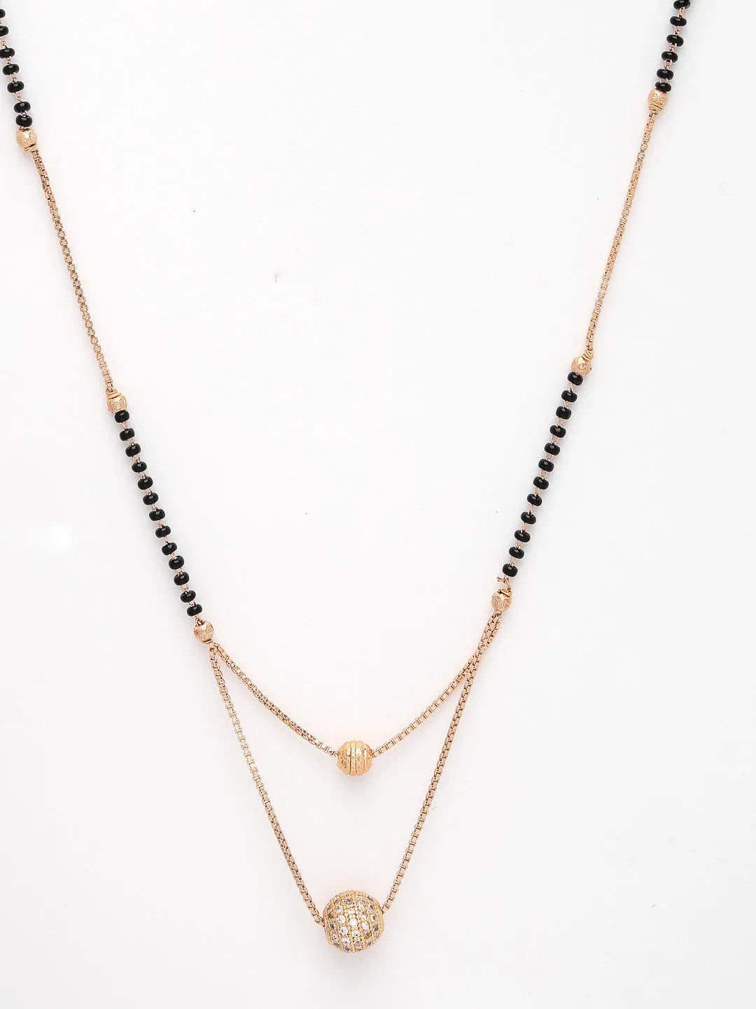 Rose Gold CZ Stone-Studded &amp; Beaded Layered Mangalsutra