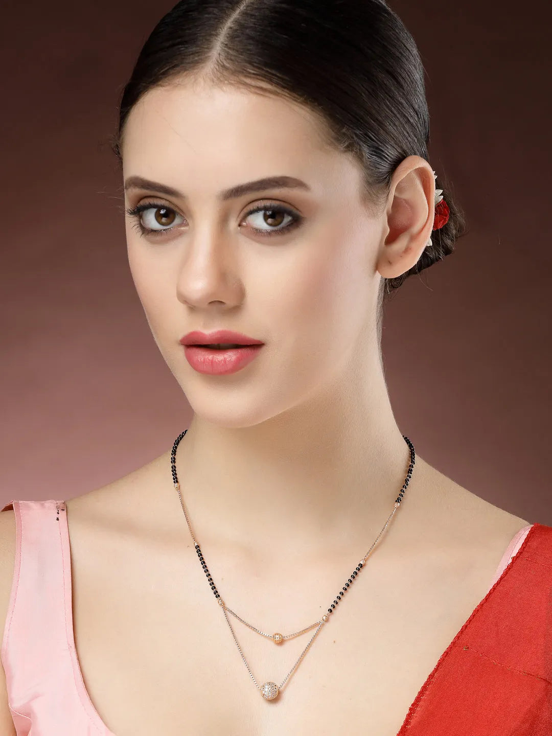 Rose Gold CZ Stone-Studded &amp; Beaded Layered Mangalsutra