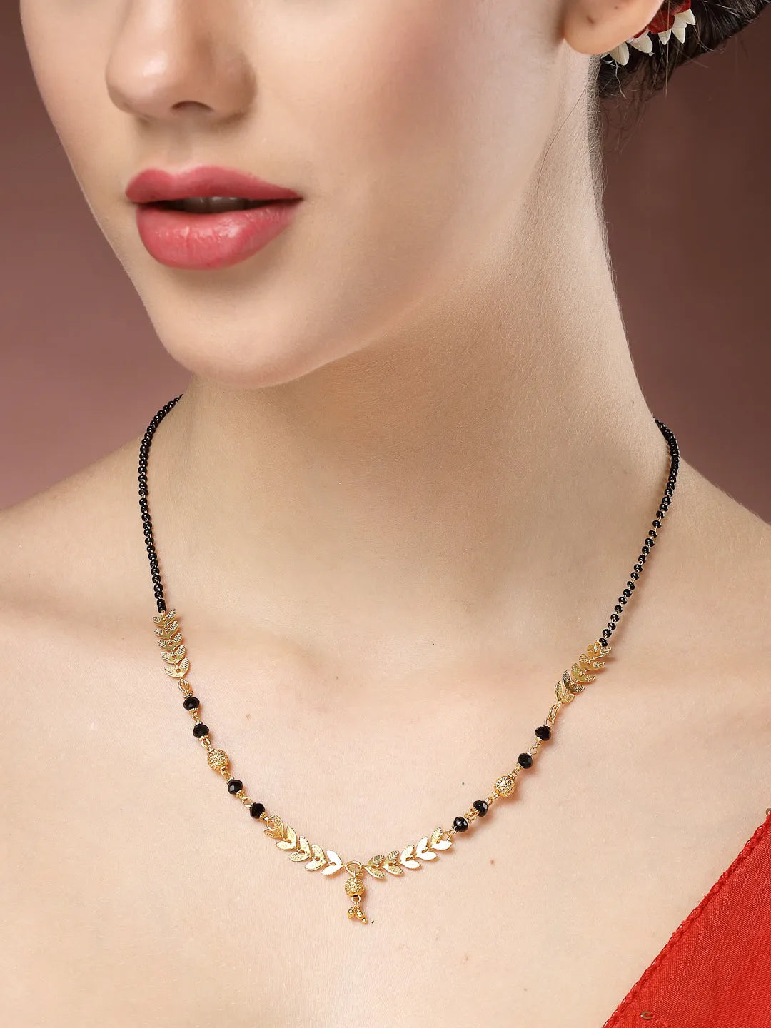 Short Mangalsutra Designs Gold Plated &amp; Black Beaded Mangalsutra