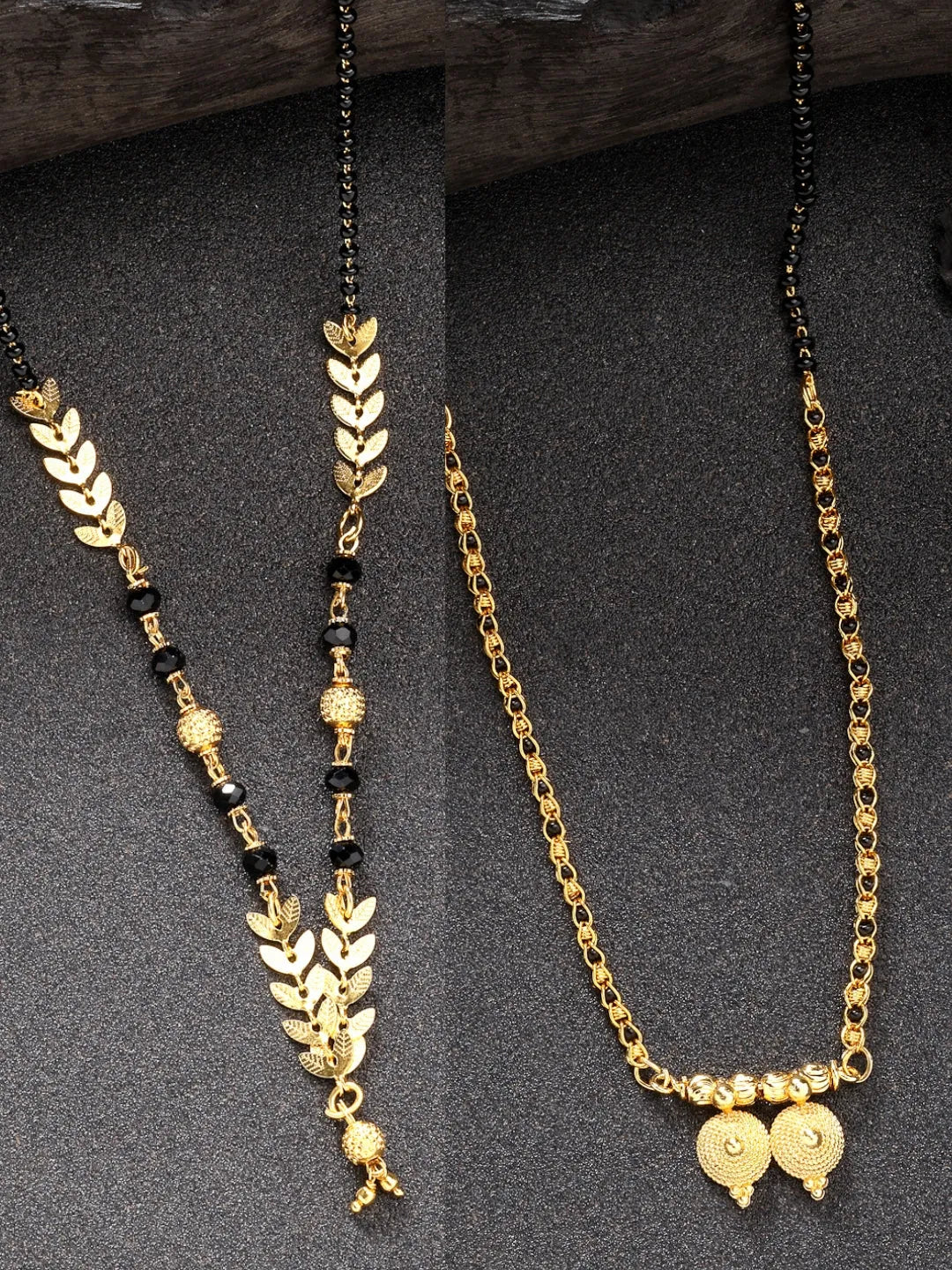 Set of 2 Gold-Plated Black Beaded Mangalsutra