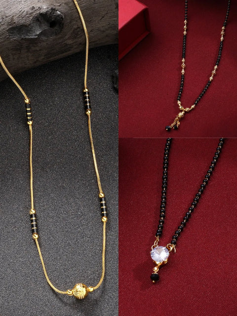 Set of 3 Gold-Plated CZ Stone-Studded & Beaded Mangalsutra