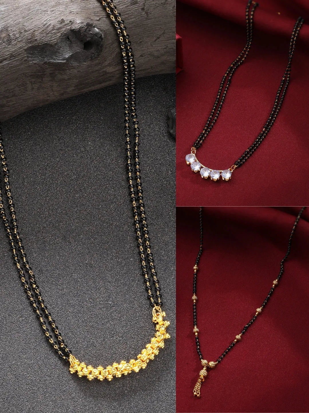 Set of 3 Gold-Plated CZ Stone-Studded & Beaded Mangalsutra
