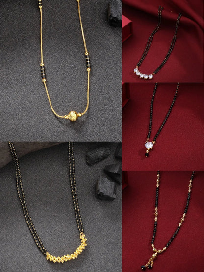 Set of 5 Gold-Plated CZ Stone-Studded &amp; Beaded Mangalsutra