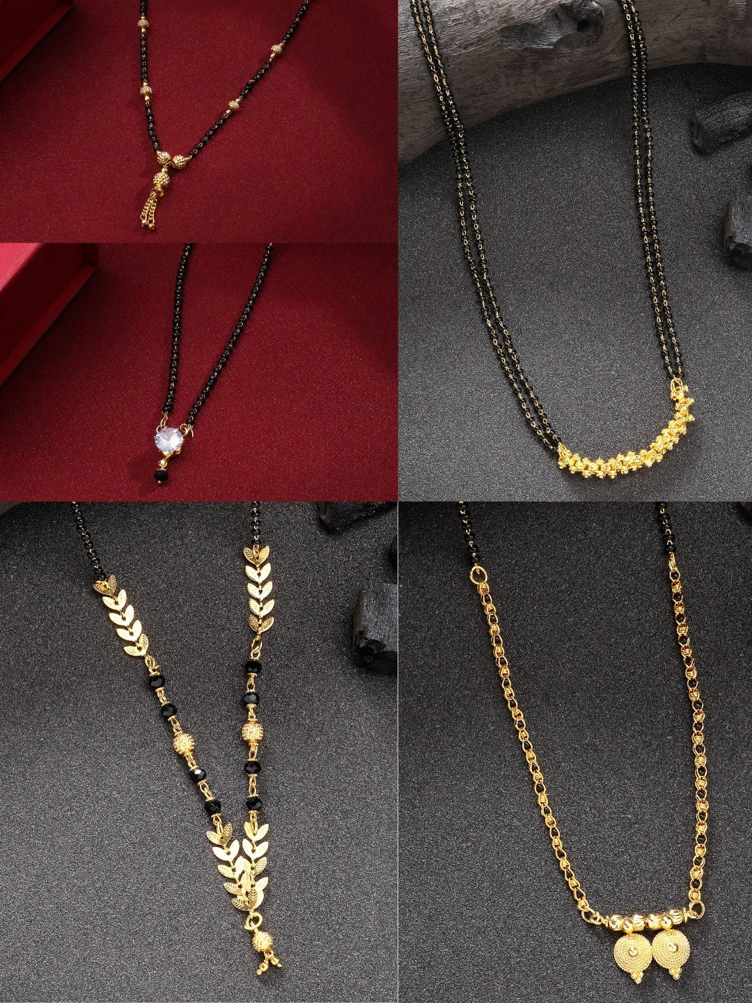 Set of 5 Gold-Plated Black Beaded Mangalsutra