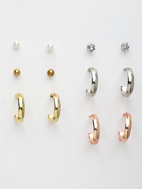 Women's Set of 6 Rhodium-Plated Contemporary Half Hoop Earrings